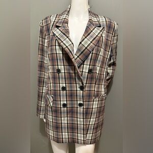 Apt. 9 - Cara Santana Plaid Double-Breasted Blazer - Cream, Navy, Blue Size 14
